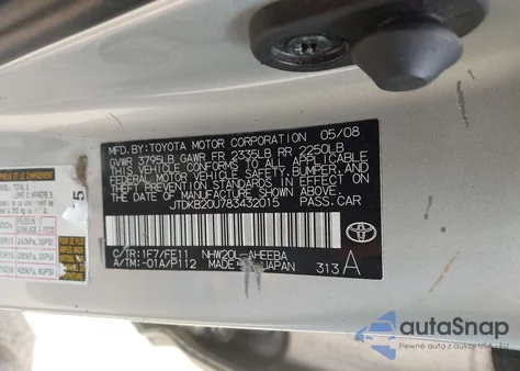 2008 Toyota Prius z USA, uszkodzony, nr VIN JTDKB20U783432015